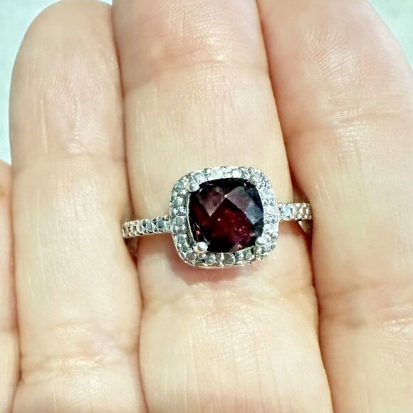 2 Carat Cushion Cut Genuine Garnet & Halo Cz Ring In Silver Size 8 Gift Box! - Picture 2 of 7